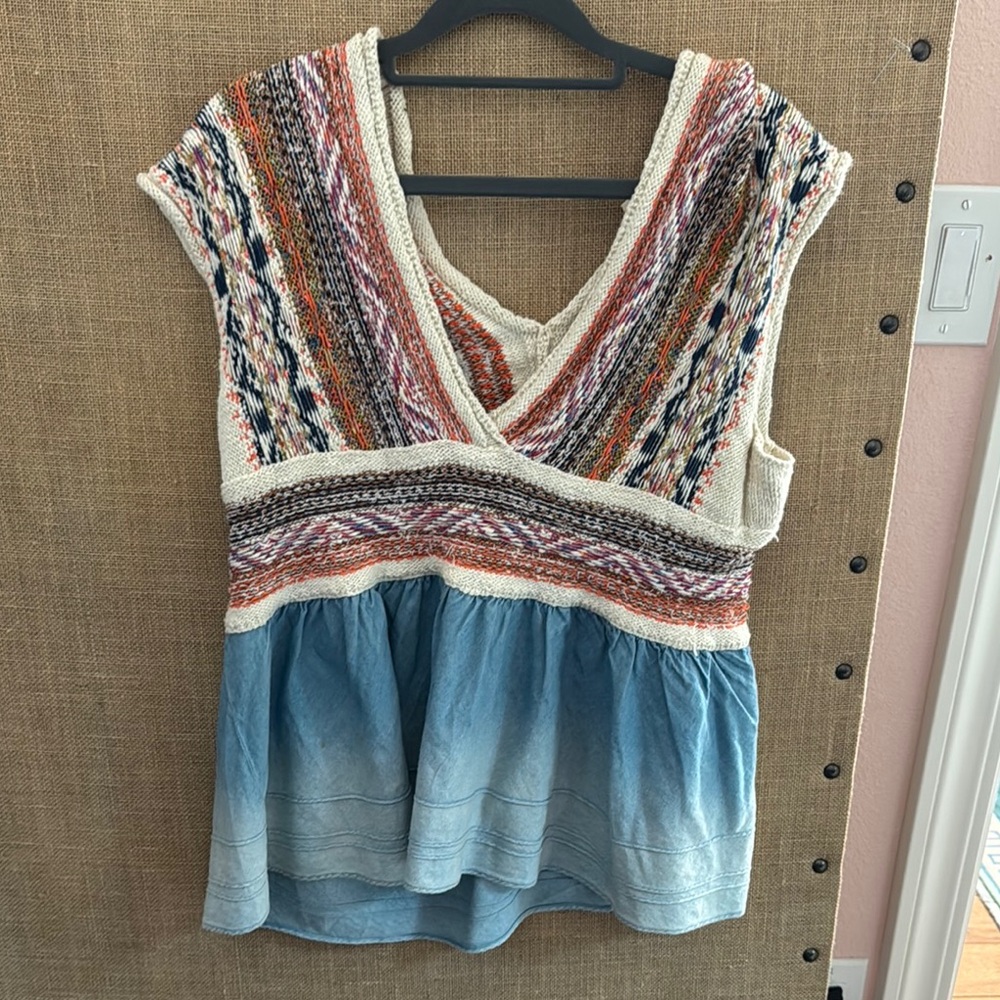 Multicolor Knit and Denim Women's Top